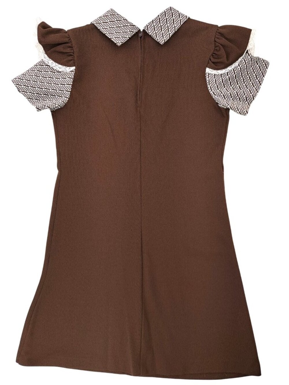 Vintage Girl Dress Polyester Brown Size 12 Lace Trimmed Sleeves Geometric Collar - Picture 2 of 10